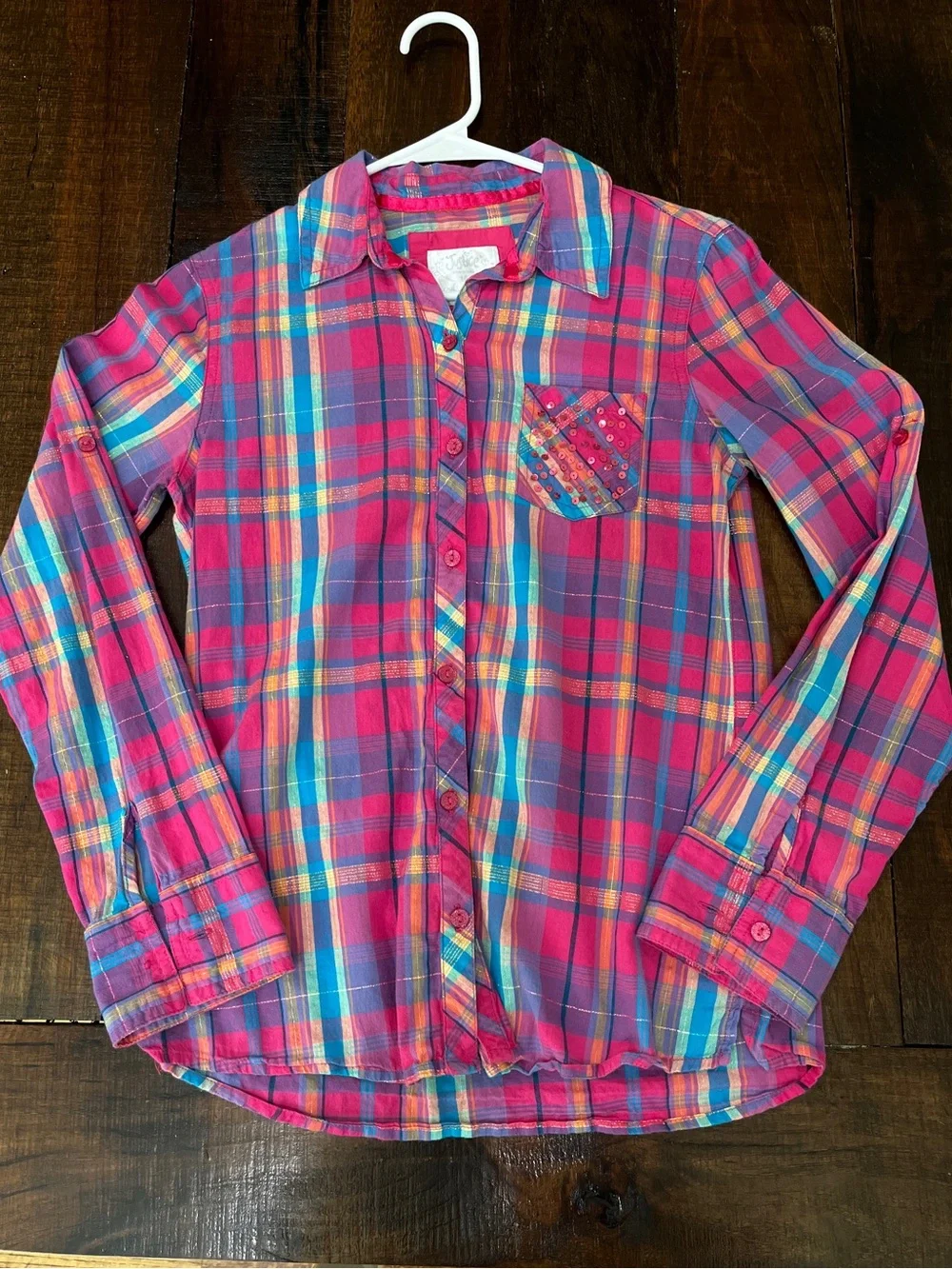 Justice Girls Plaid Button-up Shirt Y2K Sequin Pocket 99%Cotton